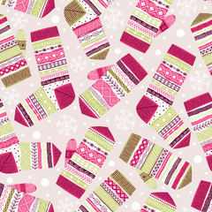 Seamless pattern. Knitted mittens and wool socks. Freehand drawing