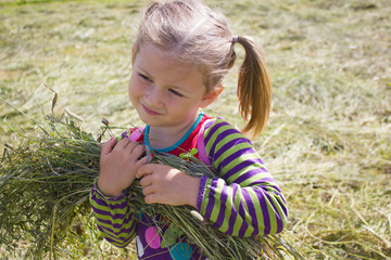 girl with hay on the field