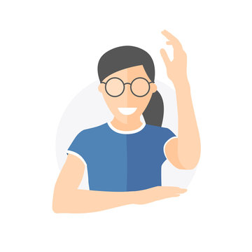 Ready, willing to answer or help caucasian girl in glasses. Flat designt icon of european pretty woman with hand up. Simply editable isolated on white vector sign