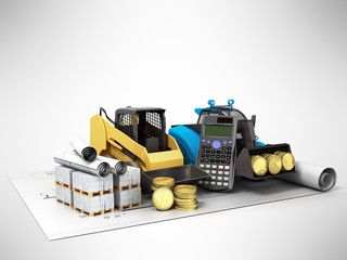 Concept of construction calculations excavators of small works blueprints money 3d render on a gray background
