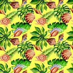 Tropical Hawaii leaves palm tree  and sea shell pattern in a watercolor style. Aquarelle wild flower for background, texture, wrapper pattern, frame or border.