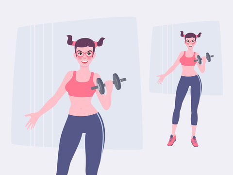 Woman with dumbbell holds a workout. Healthy lifestyle.
