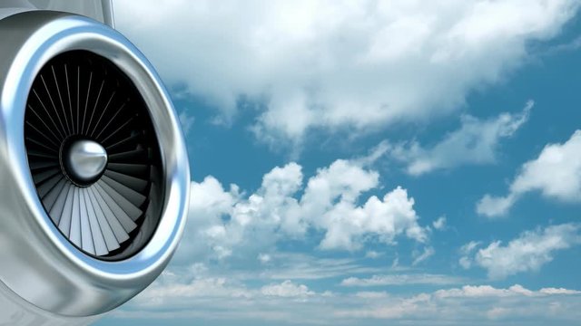 Panning camera of the corporate or business jet engine against blue cloudy sky 3D animation and live footage combination