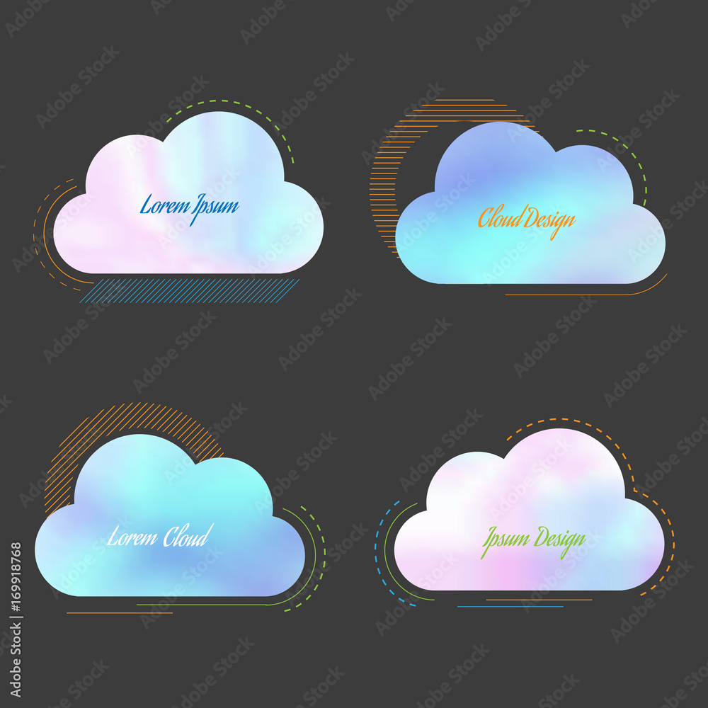 Poster set of creative cloud with blurred holographic texture