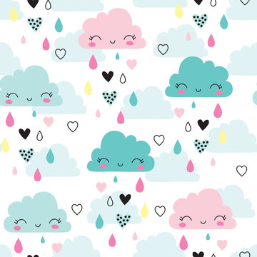 seamless smiling sleeping clouds pattern vector illustration