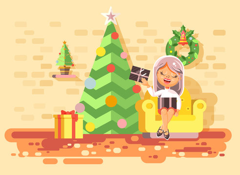 Vector illustration cartoon character child girl sit in comfortable chair, room with Christmas tree, happy New Year and Christmas, gifts, rejoice celebrate flat style element motion design