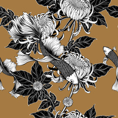 Koi fish and chrysanthemum pattern by hand drawing.Tattoo art highly detailed in line art style.Fish and flower seamless pattern on batik cloth.