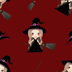 Halloween Background - Witch Girl on Bloom. Vector Illustration