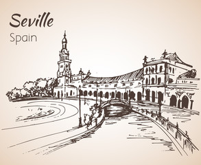 Naklejka premium Plaza de Espana. Sketch of spain city Seville. Isolated on white background