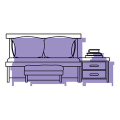 bedroom with sofa bed and books over nightstand purple watercolor silhouette on white background