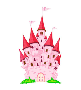 Pink princess castle. Pink cartoon castle on a white background. 