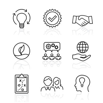 Core Values - Mission, integrity value icon set with vision, honesty, passion, and collaboration as the goal or focus