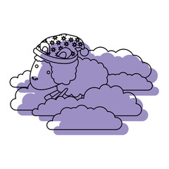 sheep animal with sleeping cap into the clouds purple watercolor silhouette on white background