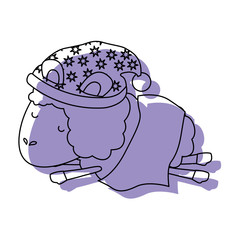 sheep animal with sleeping cap and wrapped in a blanket purple watercolor silhouette on white background