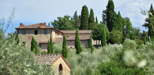 Liebliches Gebäudeensemble in Castello di Meleto eingebettet Zypressen, Oliven- und Wacholderbäume