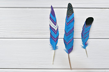 Magic hand painted feathers set on white wooden background. Space for your text