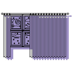 big window with curtain and night landscape purple watercolor silhouette on white background
