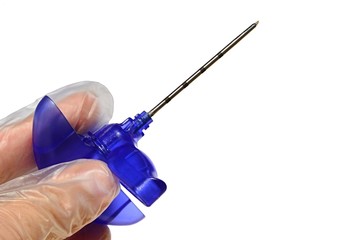 Bone marrow biopsy disposable needle with front element connected with tube rotated against the...
