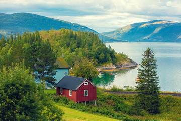 View at fjord with the beautiful mountain. The beautiful nature of Norway