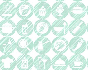 Kitchen, cooking, background, seamless, blue, vector. Circular icons with food, drinks and utensils the painted strokes on white background. Hatching blue-green pencil simulation. Vector pattern. 
