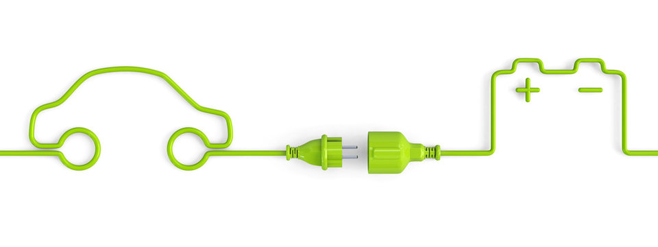 Green power plug connection cable between car and car battery shape - open