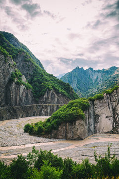 View of mountains Babadag and a muddy river Girdimanchay Lahij yolu from the side in Lahic village, Azerbaijan