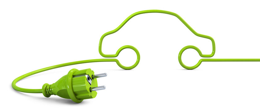 Green power plug lying on the floor and bent in a car shape