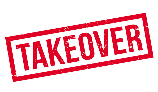 Takeover rubber stamp. Grunge design with dust scratches. Effects can be easily removed for a clean, crisp look. Color is easily changed.