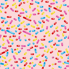 Donut glaze seamless pattern. Cream texture with topping of colorful sprinkles and beads on pink background.