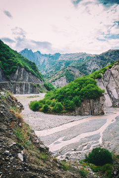 View of mountains Babadag and a muddy river Girdimanchay Lahij yolu from the side in Lahic village, Azerbaijan