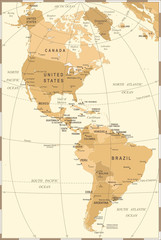 North and South America Map - Vintage Vector Illustration