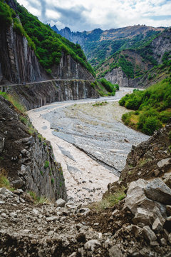 View of mountains Babadag and a muddy river Girdimanchay Lahij yolu from the side in Lahic village, Azerbaijan
