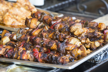 Street food at the festival in Hungary fried stews with meat and vegetables