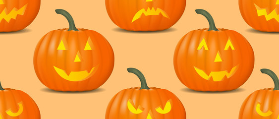 Halloween seamless pattern with realistic pumpkin. Vector background with linear objects.