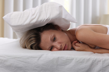 Woman Suffering From Depression laying on bed, Bed , Sleep Disorders, Insomnia