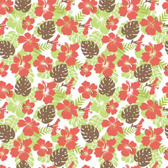 tropical leaves and flowers hibiscus flower hawaii summer background.