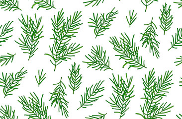 Seamless pattern of green spruce branches on a white background.