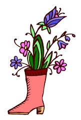 A boot from which flowers grow. Doodle drawing