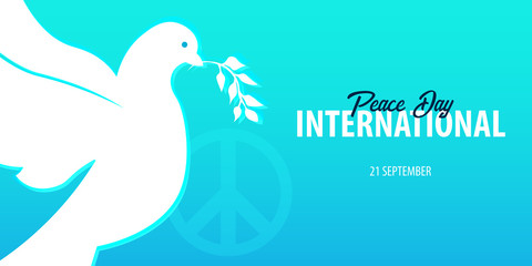 International Peace Day banner. 21 September. Dove with olive branch.