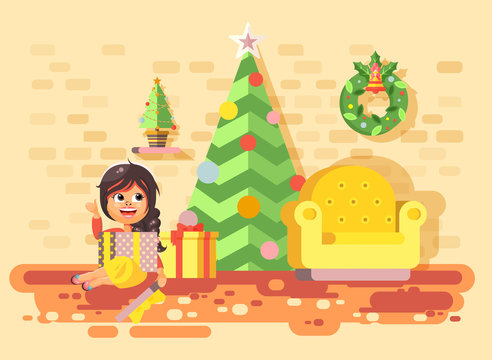 Vector illustration cartoon character child brunette girl, schoolgirl sit in room with Christmas tree, happy New Year and Christmas, gifts, rejoice celebrate flat style element for motion design
