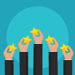 Hands holding rating star. Feedback concept. Vector illustration