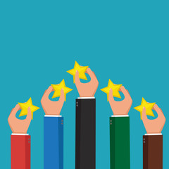 Hands holding rating star. Feedback concept. Vector illustration