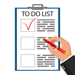 Business concept. Flat vector design. Hands holding a document and pen, marks to do list.