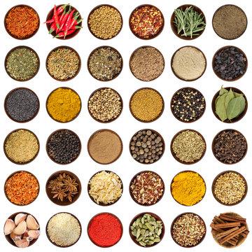 Set of different spices in wooden bowl. Top view.