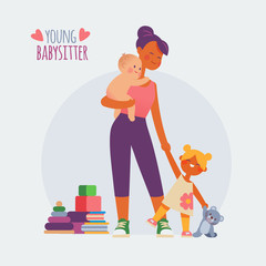 babysitter nanny with baby and girl