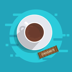 Chocolate, snack. Vector illustration. Cup of coffee on a wood table.