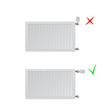 Steel panel radiators vector illustration. Correct and incorrect location of the thermal head.