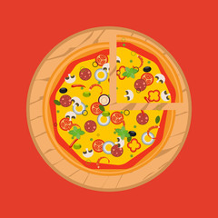 Isolated pizza, traditional ingredients for the pizza. Vector Illustration.