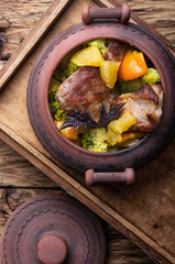 Beef stew in ceramic pot
