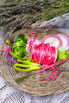 colorful ribbons and lavender flowers for decoration